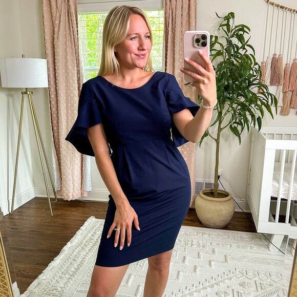 Camilyn Beth Silk Combo Ruffle Sleeve Dress in Navy - Picture 1 of 7